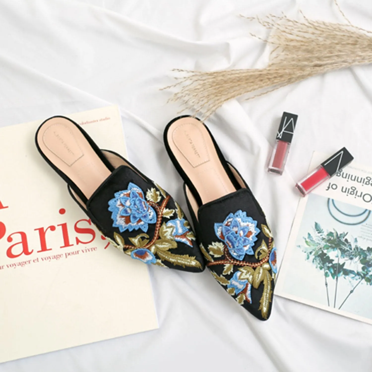 (Clean Up - US 7) Embroidery Mule Flats