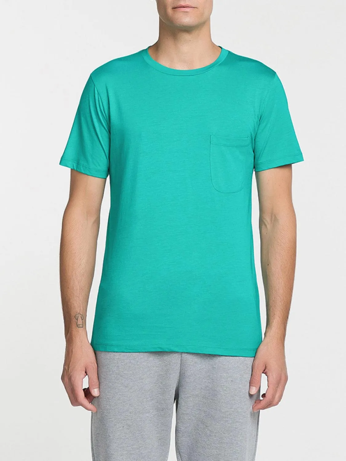 Crew Neck Modal-Blend Pocket T-shirt Cyan