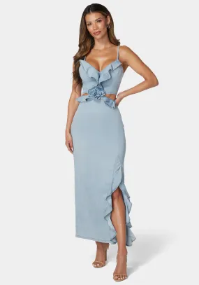 Cut Out Rosette Detail Maxi Denim Dress