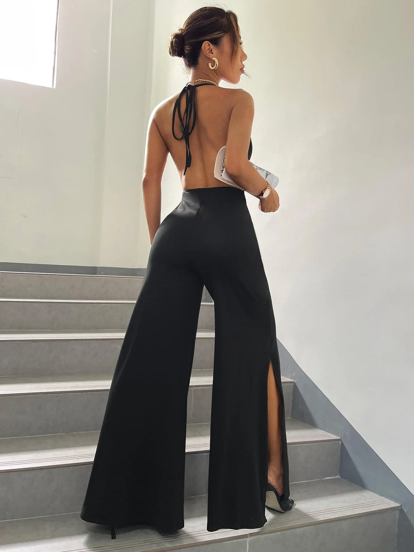 Draped Split Hem Wide Leg Tie Backless Halter Jumpsuit