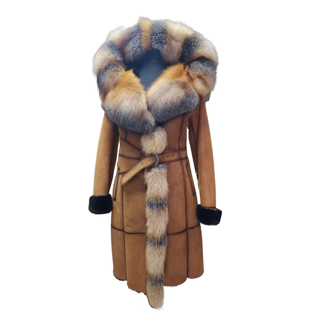 Ellie's shearling hooded coat with crystal fox fur