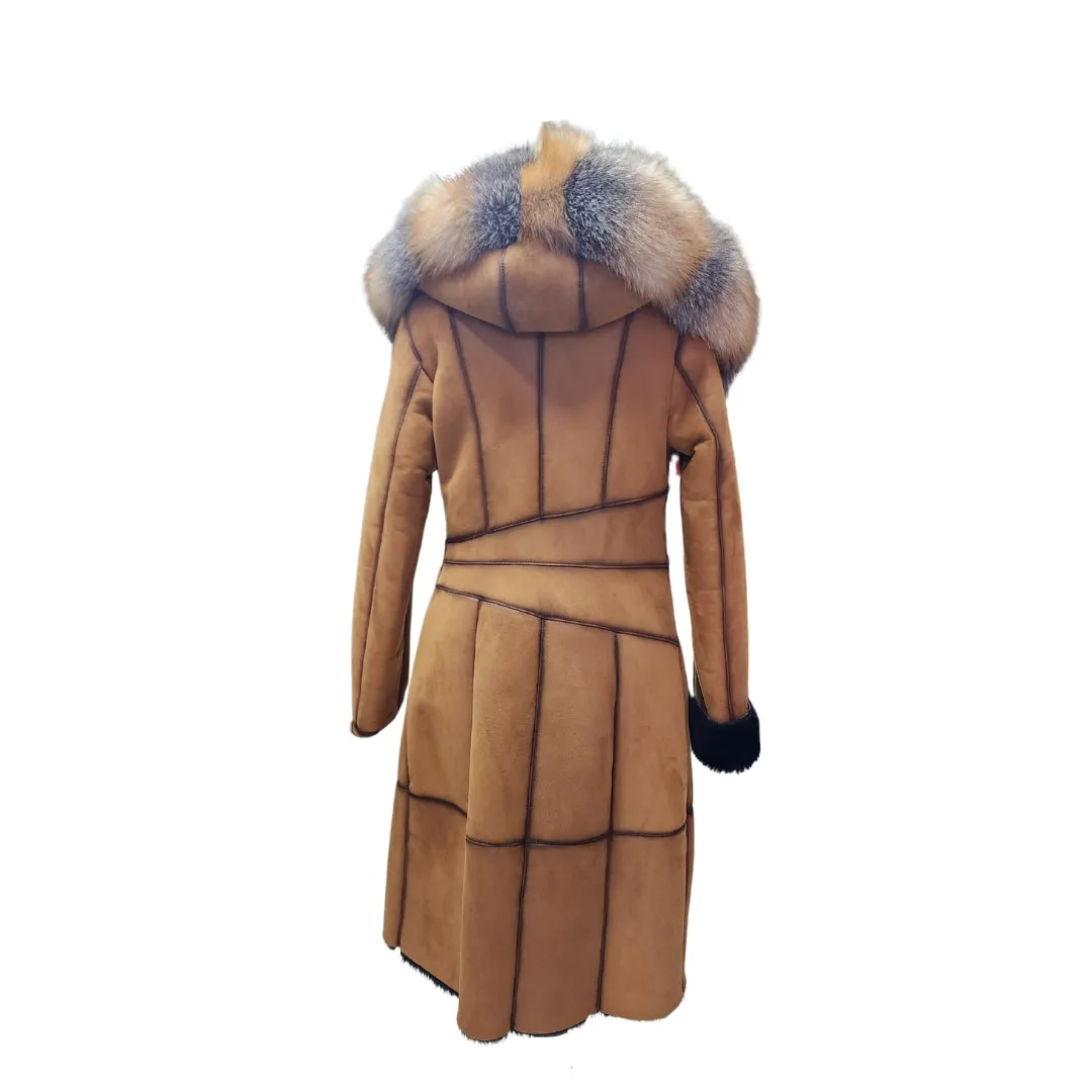 Ellie's shearling hooded coat with crystal fox fur