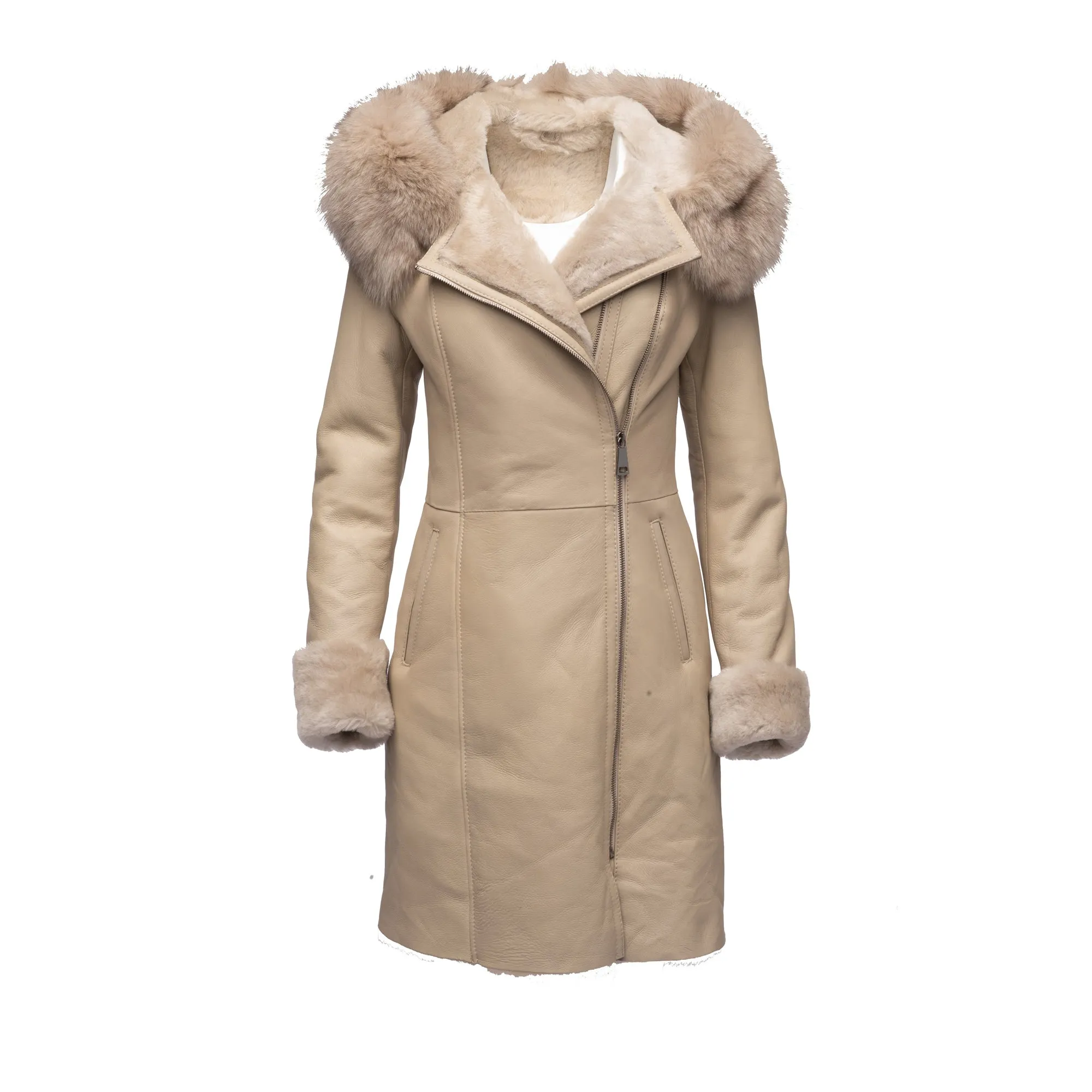 Gracie’s Hooded Sheepskin Shearling Jacket With Fox Fur