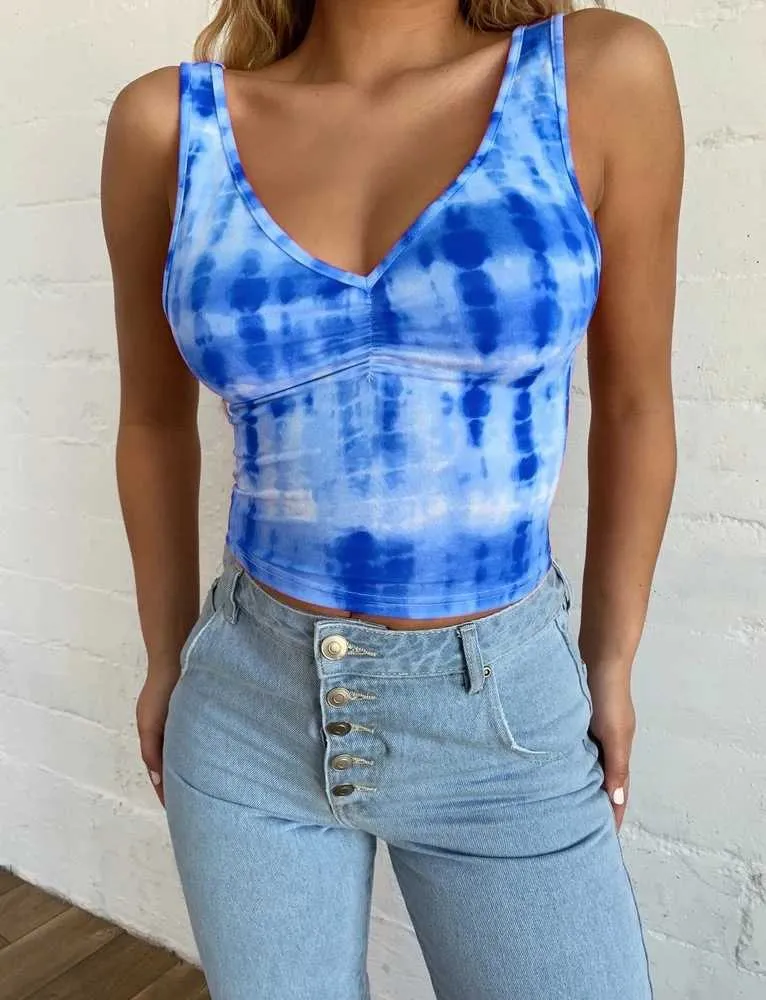 Gradient Pastel Tie Dye V Neck Shirred Tank Tops Summer