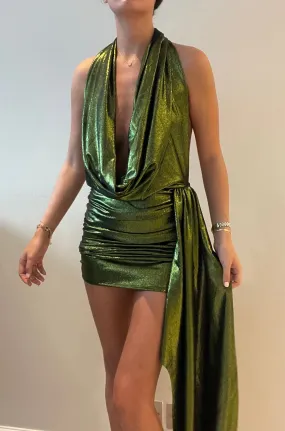 Green Metallic Halterneck Drape Detail Dress