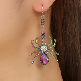 Halloween Colorful Rhinestone Spider Design Dangle Earrings Cute Vocation Style Zinc Alloy Jewelry Female Gift LJH16