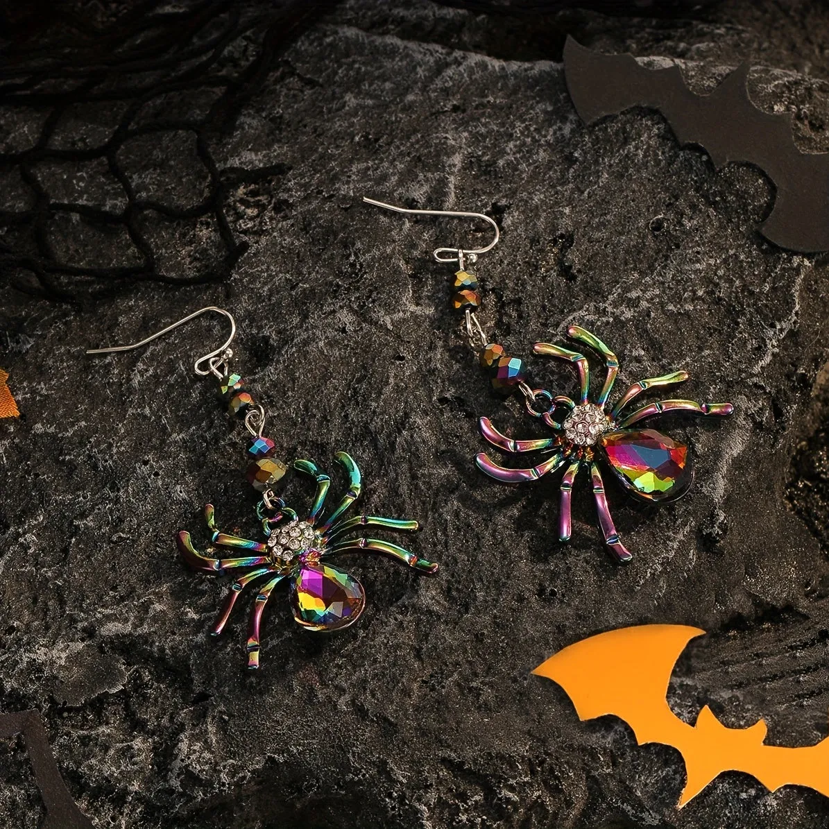 Halloween Colorful Rhinestone Spider Design Dangle Earrings Cute Vocation Style Zinc Alloy Jewelry Female Gift LJH16