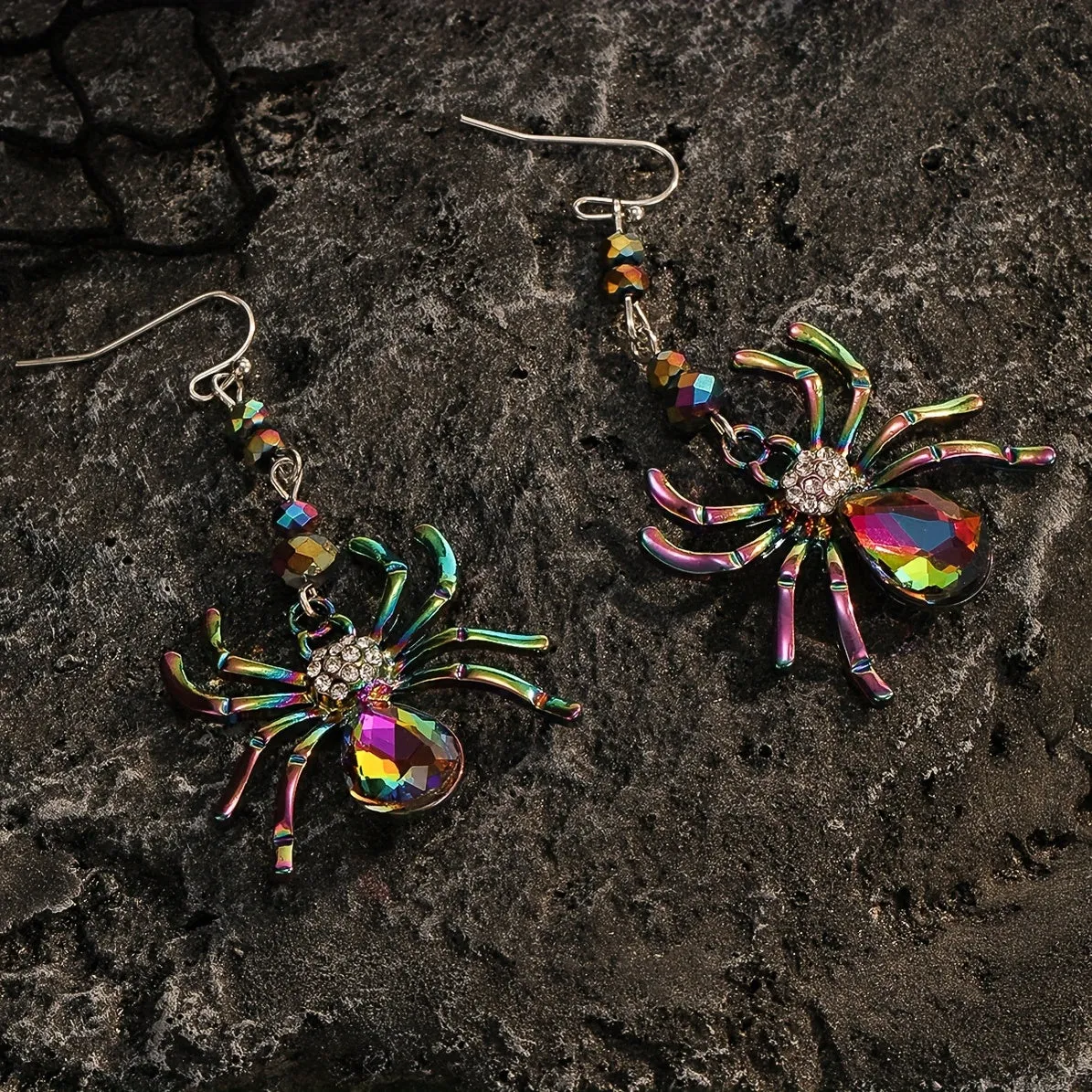 Halloween Colorful Rhinestone Spider Design Dangle Earrings Cute Vocation Style Zinc Alloy Jewelry Female Gift LJH16