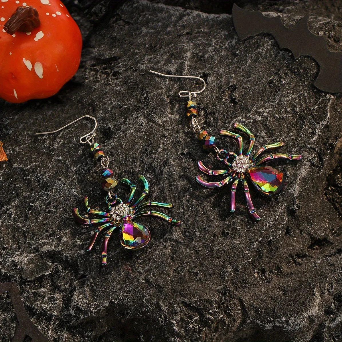 Halloween Colorful Rhinestone Spider Design Dangle Earrings Cute Vocation Style Zinc Alloy Jewelry Female Gift LJH16