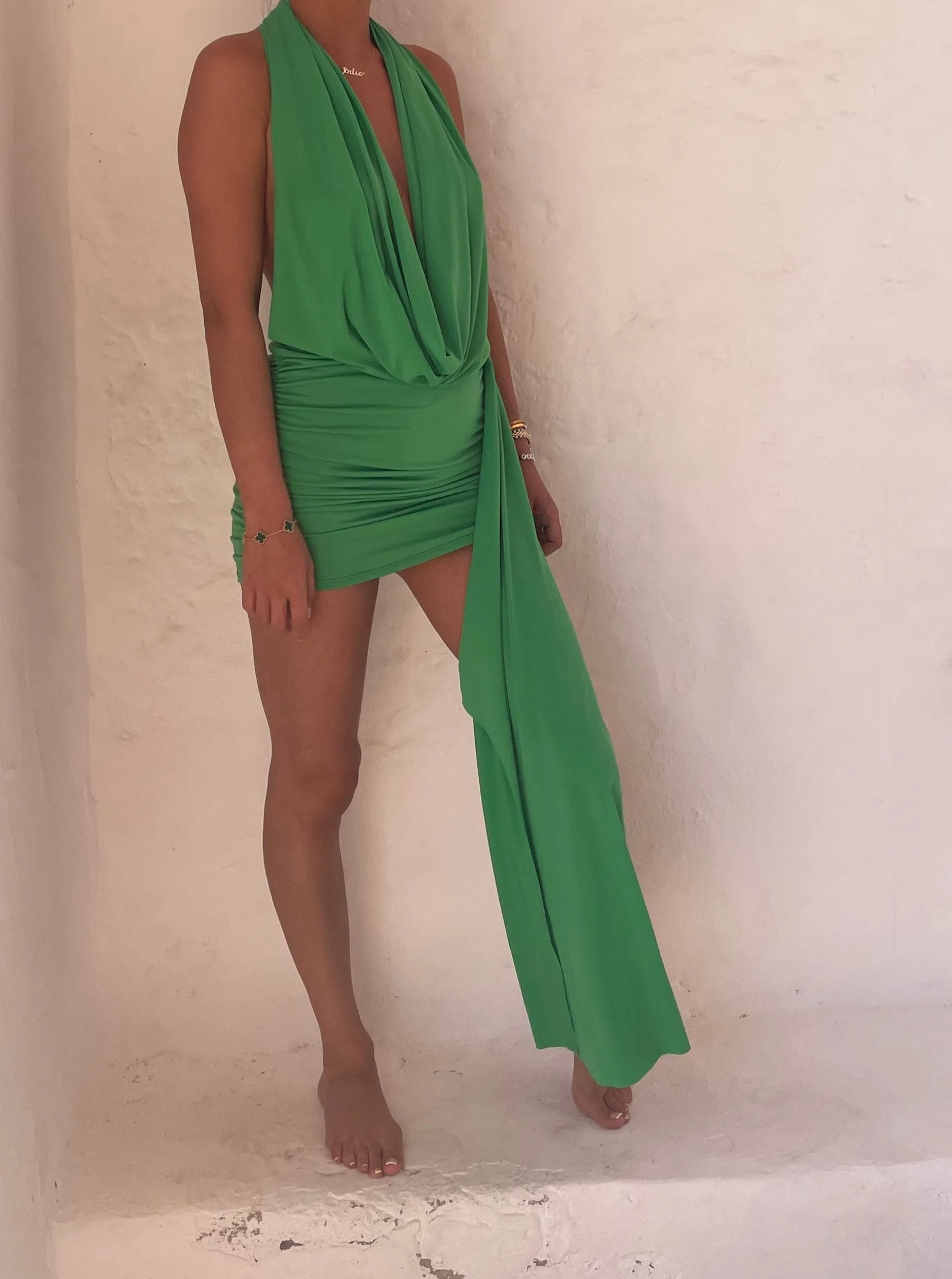 Jade Green Halterneck Drape Detail Dress