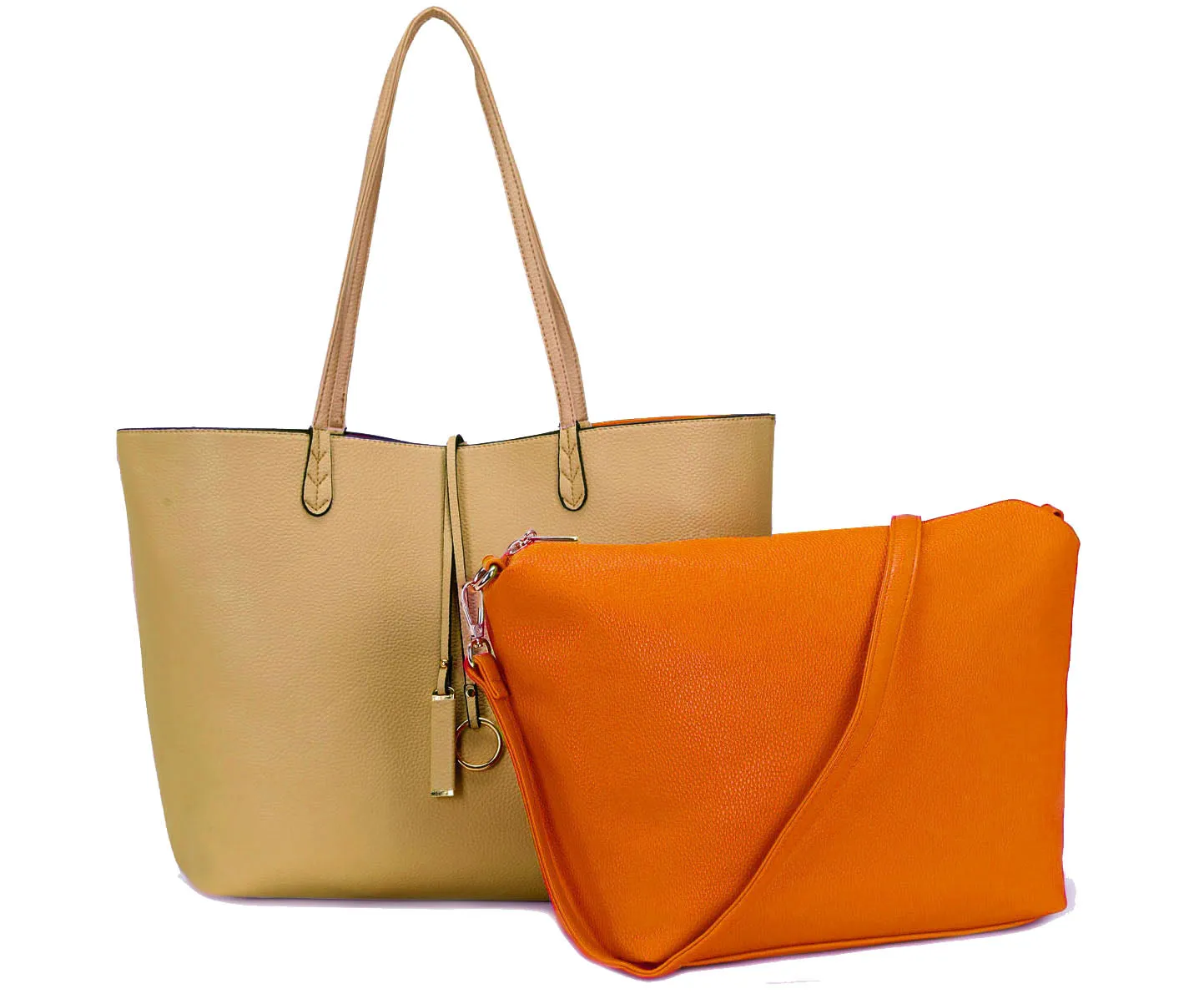 LARGE REVERSIBLE TOTE BAG SET WITH CROSSBODY BAG - ORANGE / TAUPE