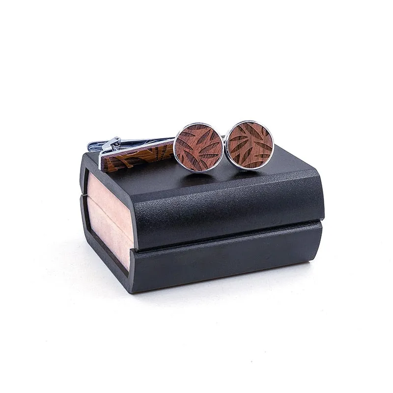 Leaf Wood Tie Bar & Cuff Links Set