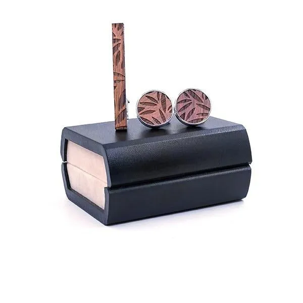 Leaf Wood Tie Bar & Cuff Links Set