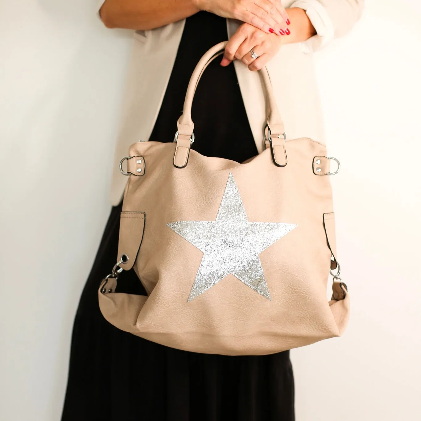 Leather Effect Star Shoulder Bag - Stone