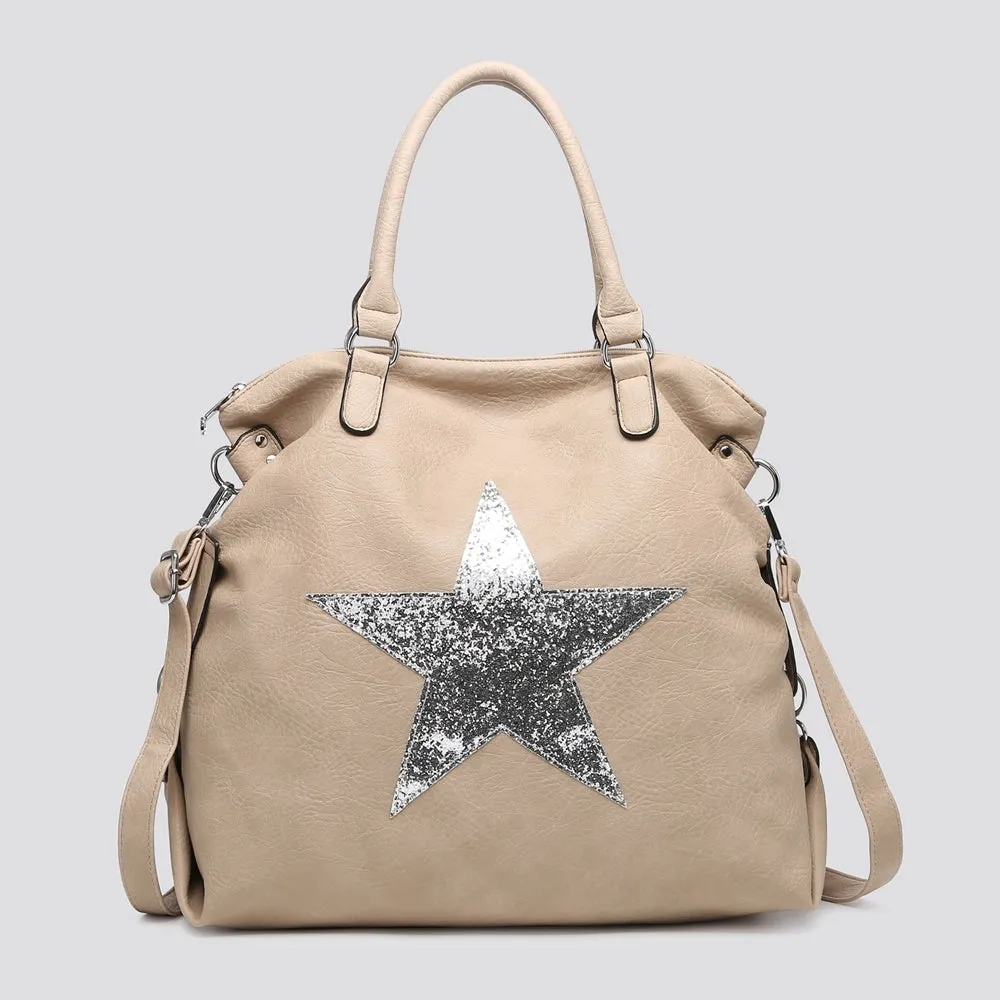 Leather Effect Star Shoulder Bag - Stone