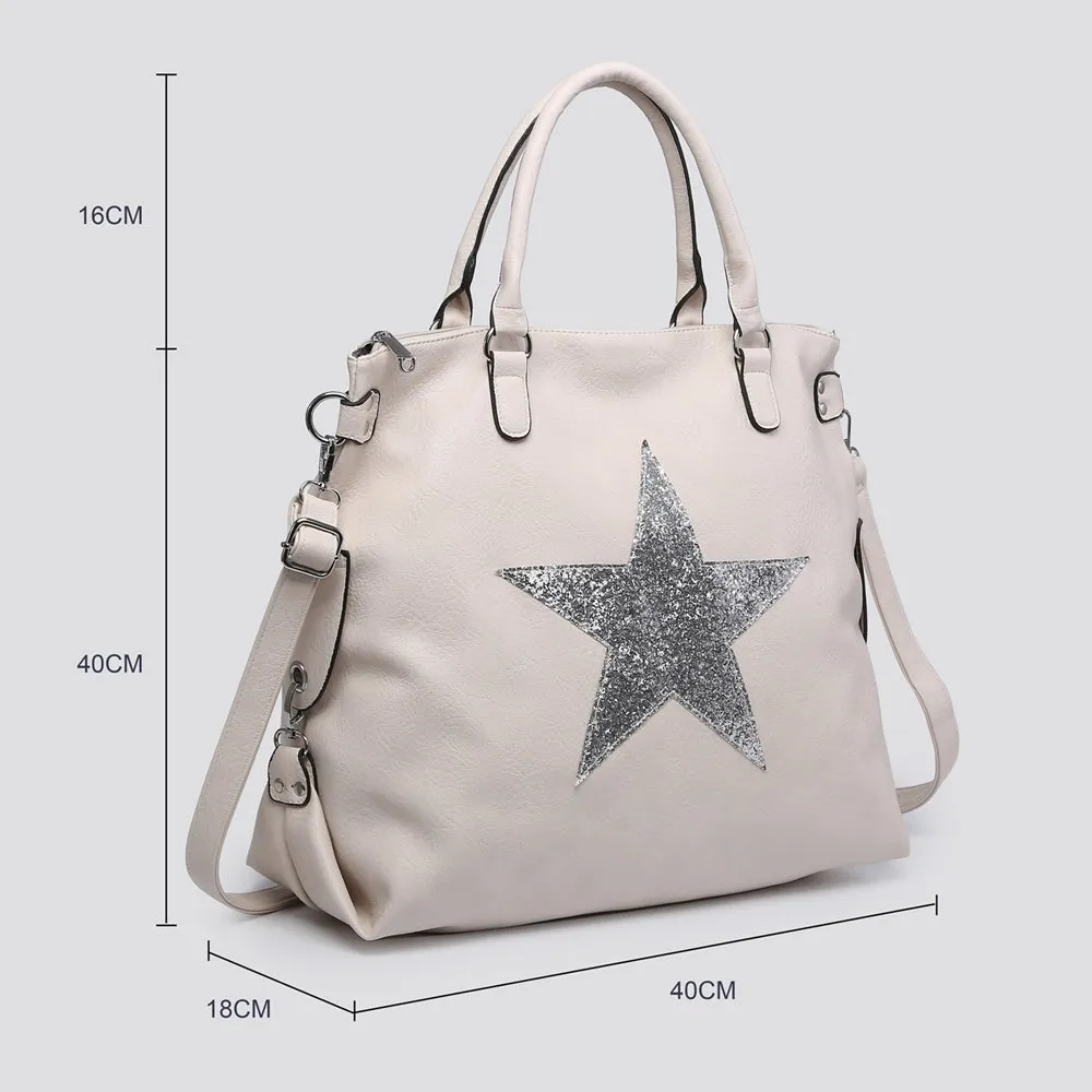 Leather Effect Star Shoulder Bag - Stone