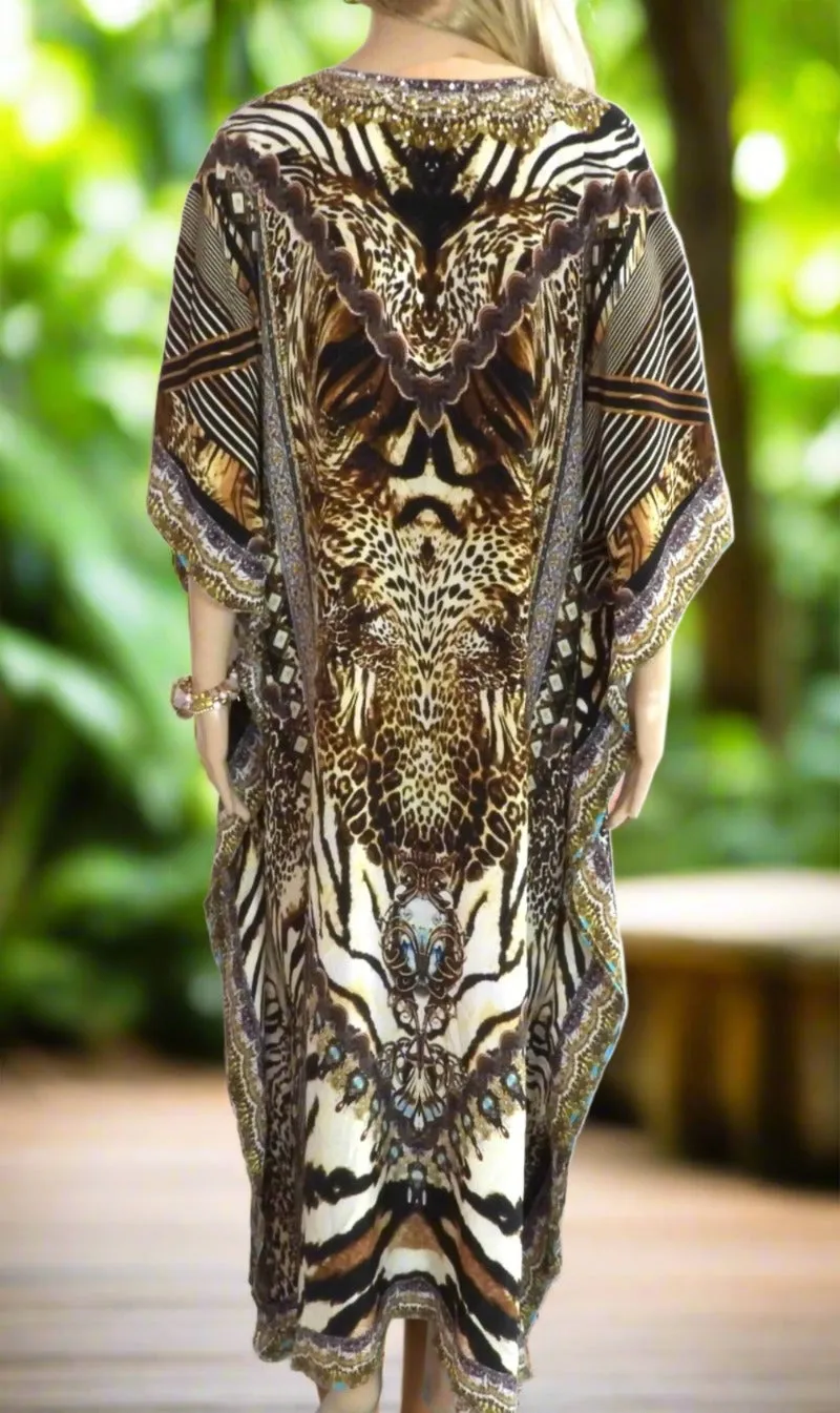 Long silk embellished Kaftan Cheetah