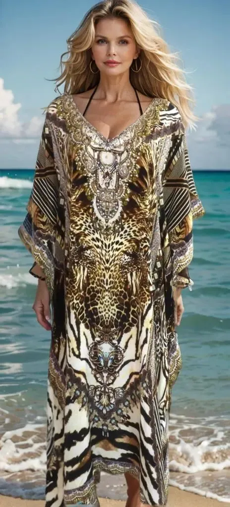 Long silk embellished Kaftan Cheetah