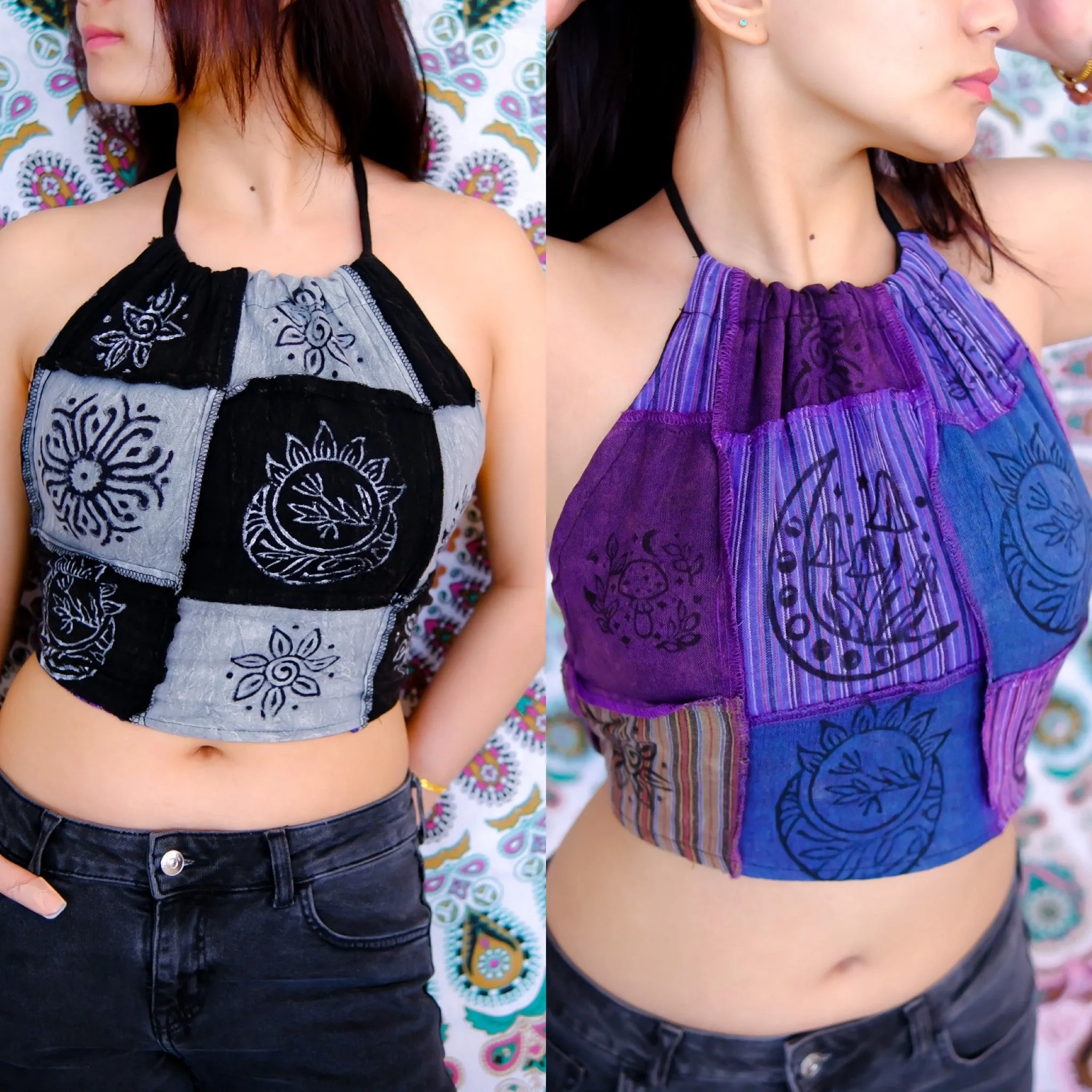 Patchwork Reversible Halter Backless Top