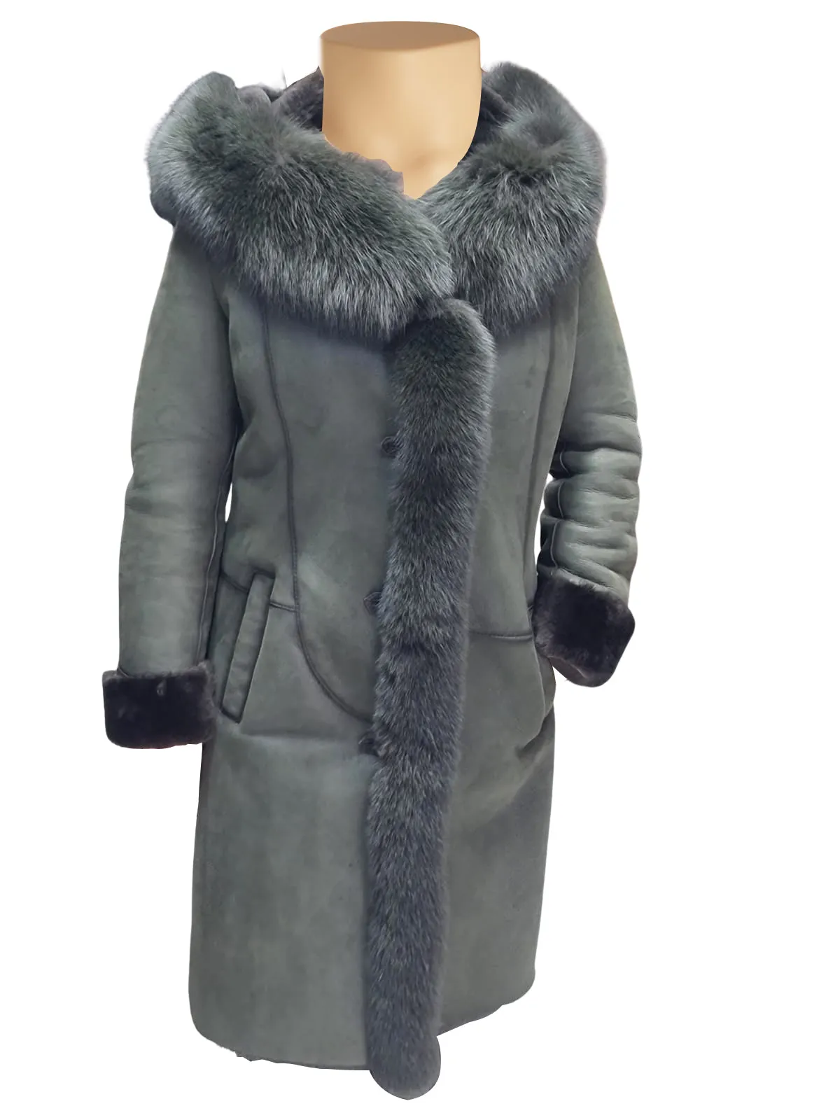 Pheobe's Grey Hooded Suede Shearling Jacket with fox fur