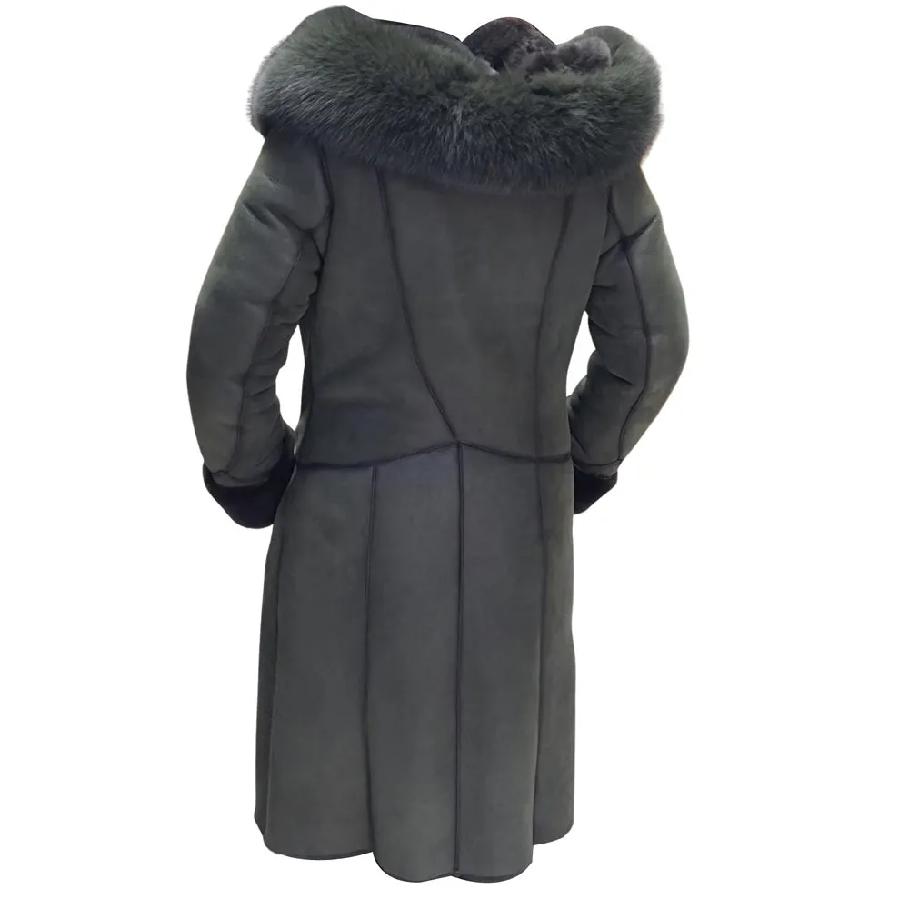 Pheobe's Grey Hooded Suede Shearling Jacket with fox fur