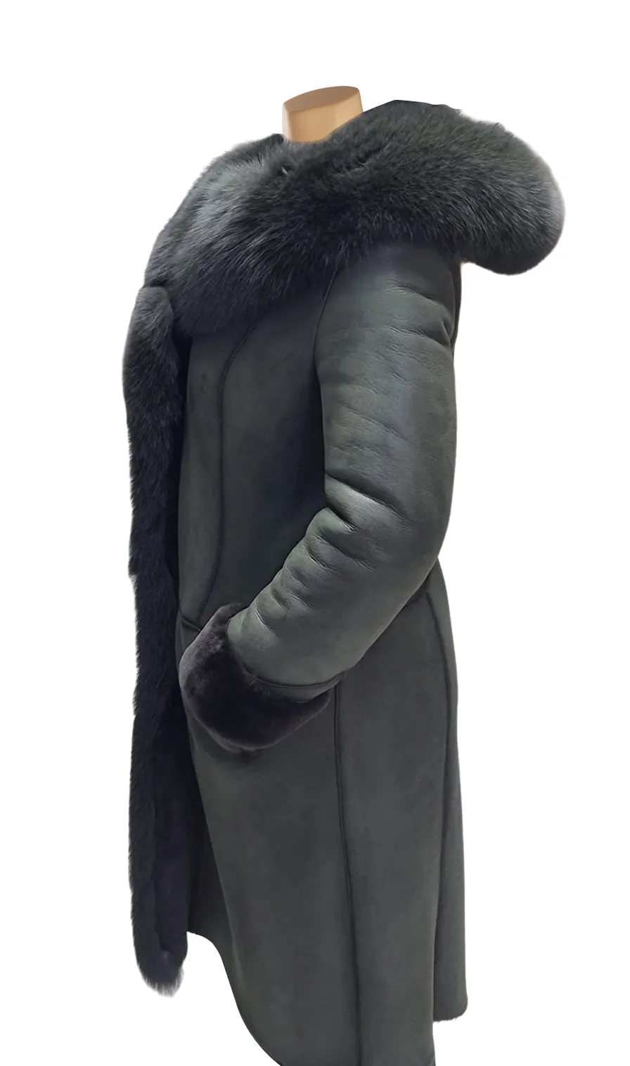 Pheobe's Grey Hooded Suede Shearling Jacket with fox fur