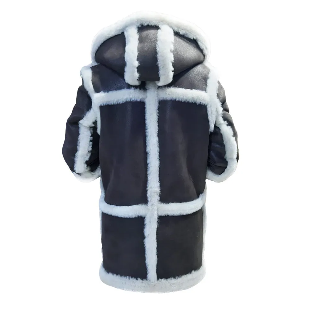 Rayyan's 3/4 length Rancher hooded shearling coat