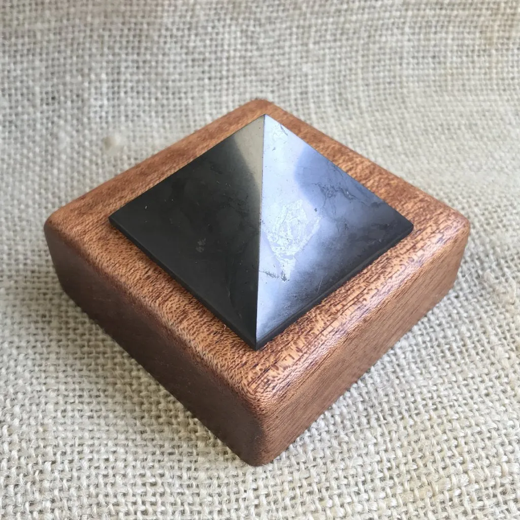 Shungite Pyramid, 2 Inch Base, Custom Wood Stand