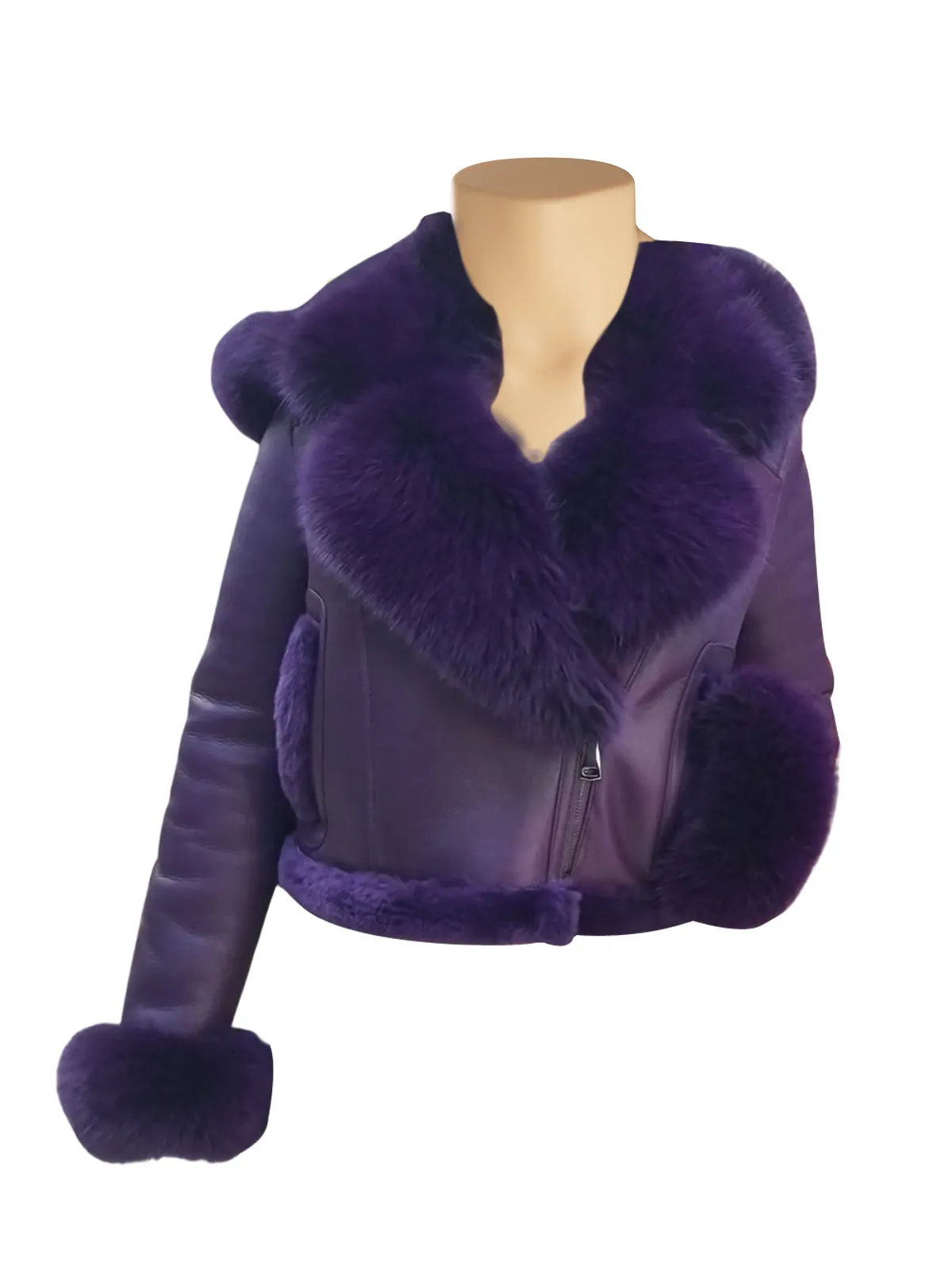 Sierra's Purple Sheepskin Shearling Crop Jakcet with hoodie and Fox Fur