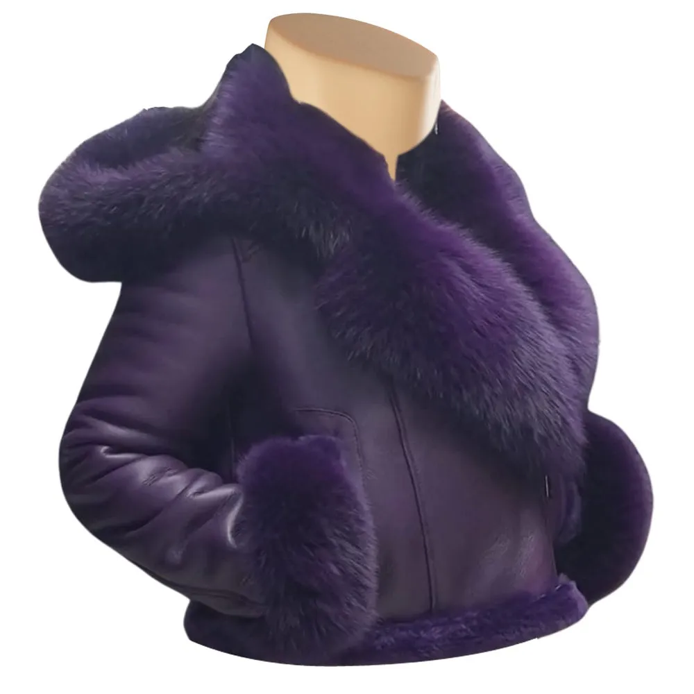 Sierra's Purple Sheepskin Shearling Crop Jakcet with hoodie and Fox Fur