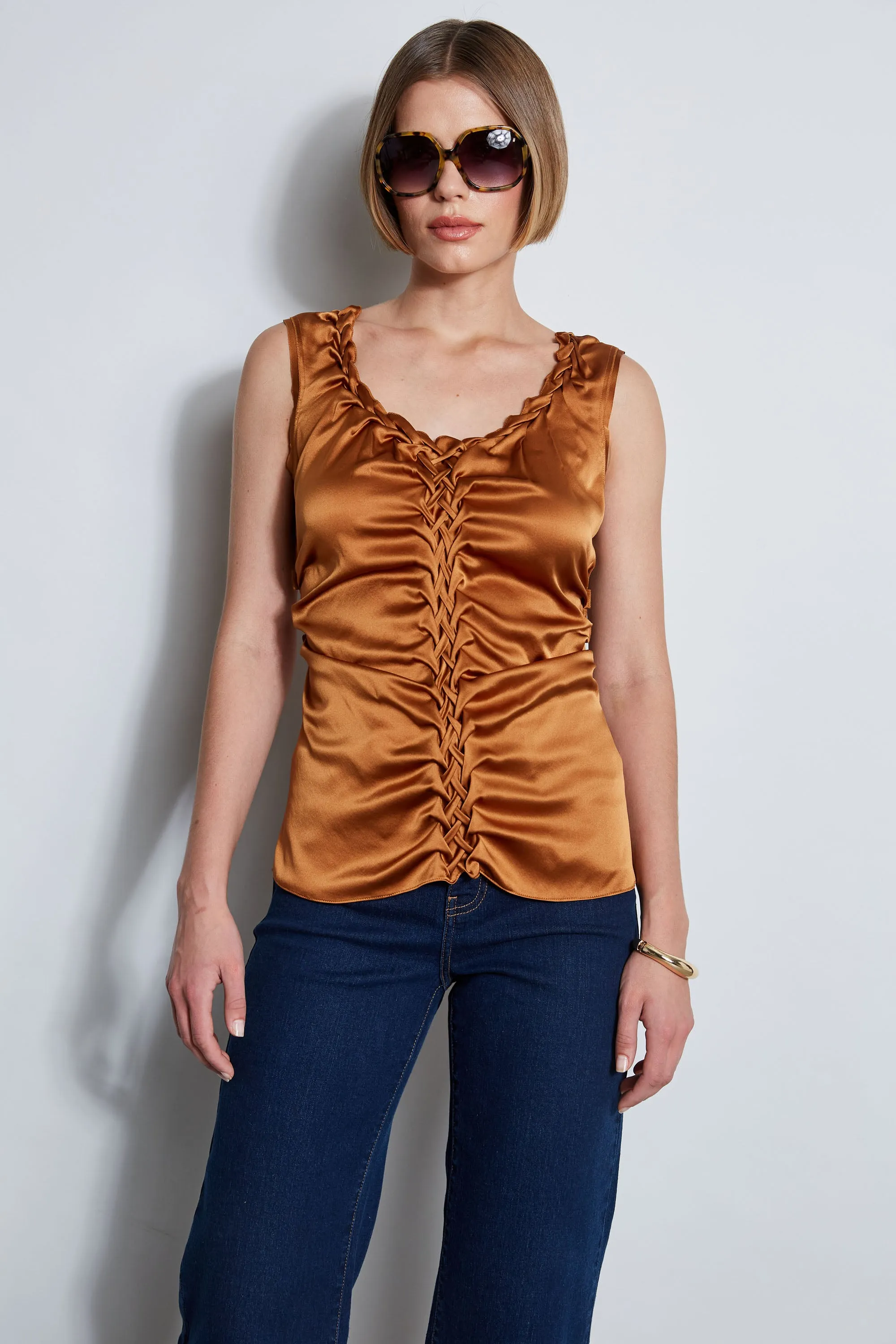 Silk Satin Braid Ruched Top