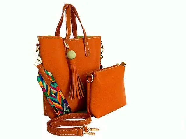 SMALL TAN TASSEL TOTE BAG SET WITH CROSSBODY BAG AND LONG SHOULDER STRAPS