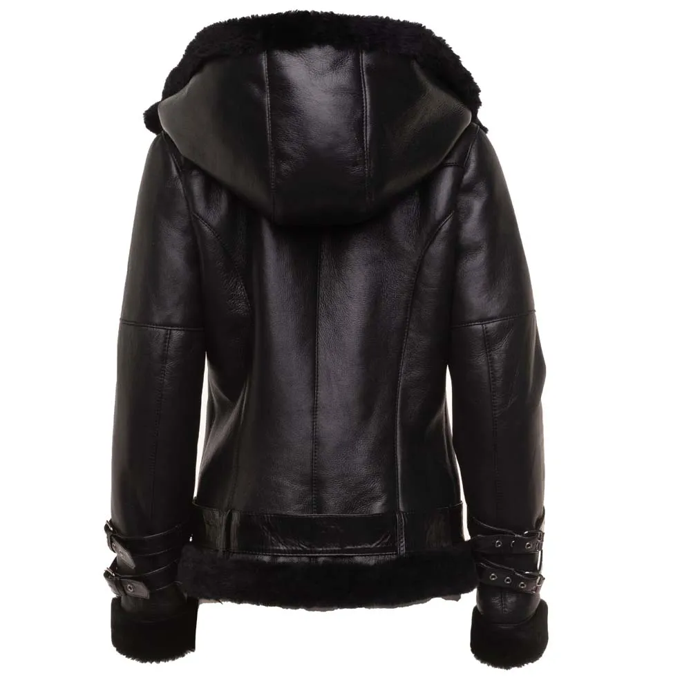 Sofie's black biker style sheepskin shearling jacket with hoodie