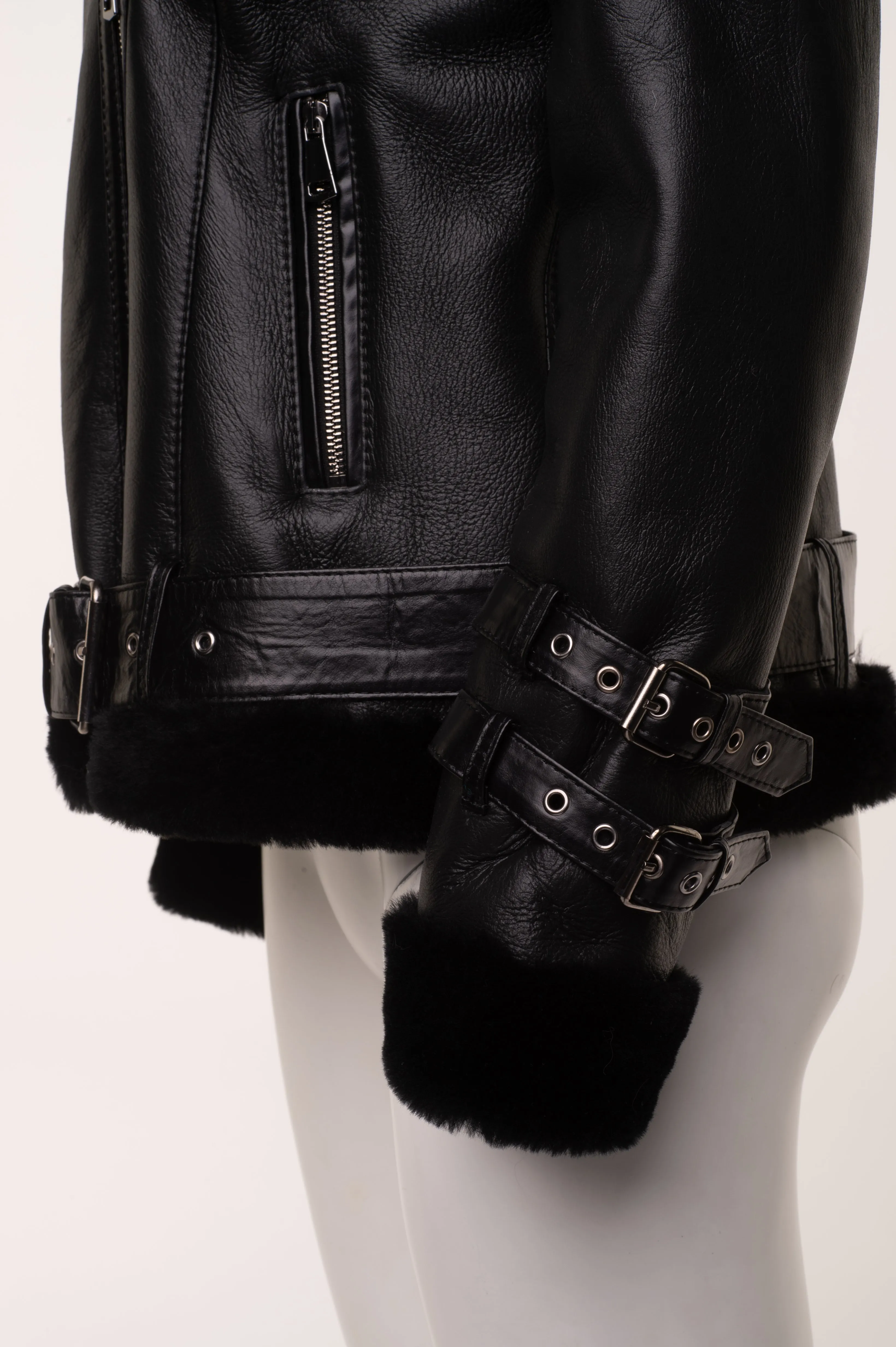 Sofie's black biker style sheepskin shearling jacket with hoodie