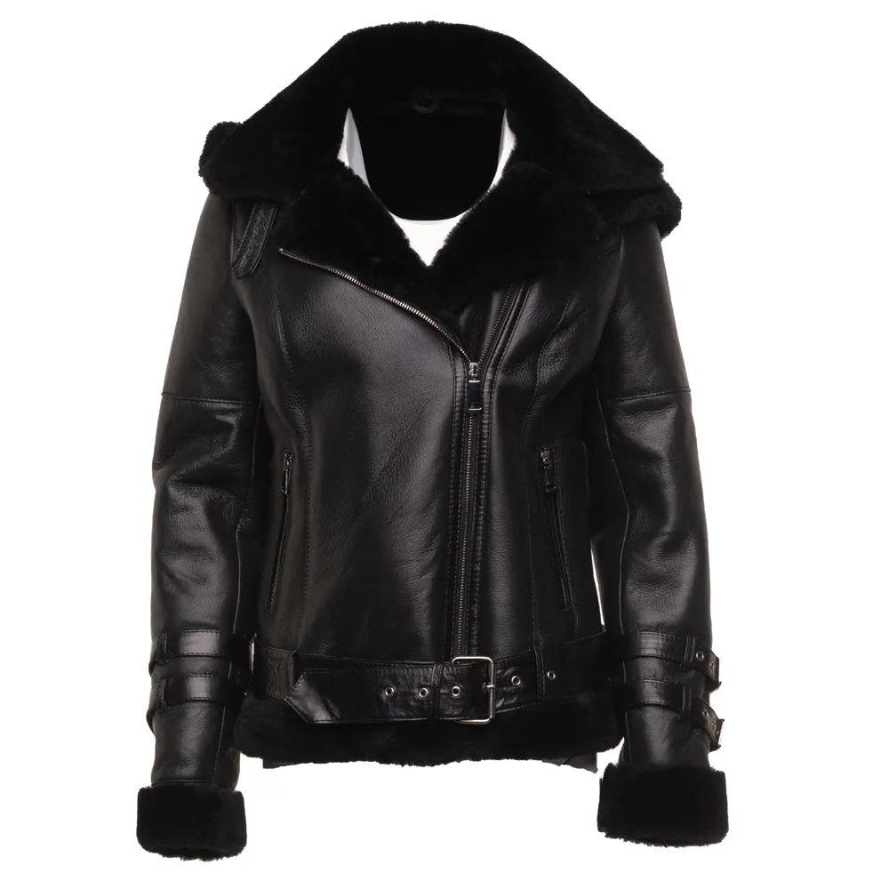 Sofie's black biker style sheepskin shearling jacket with hoodie