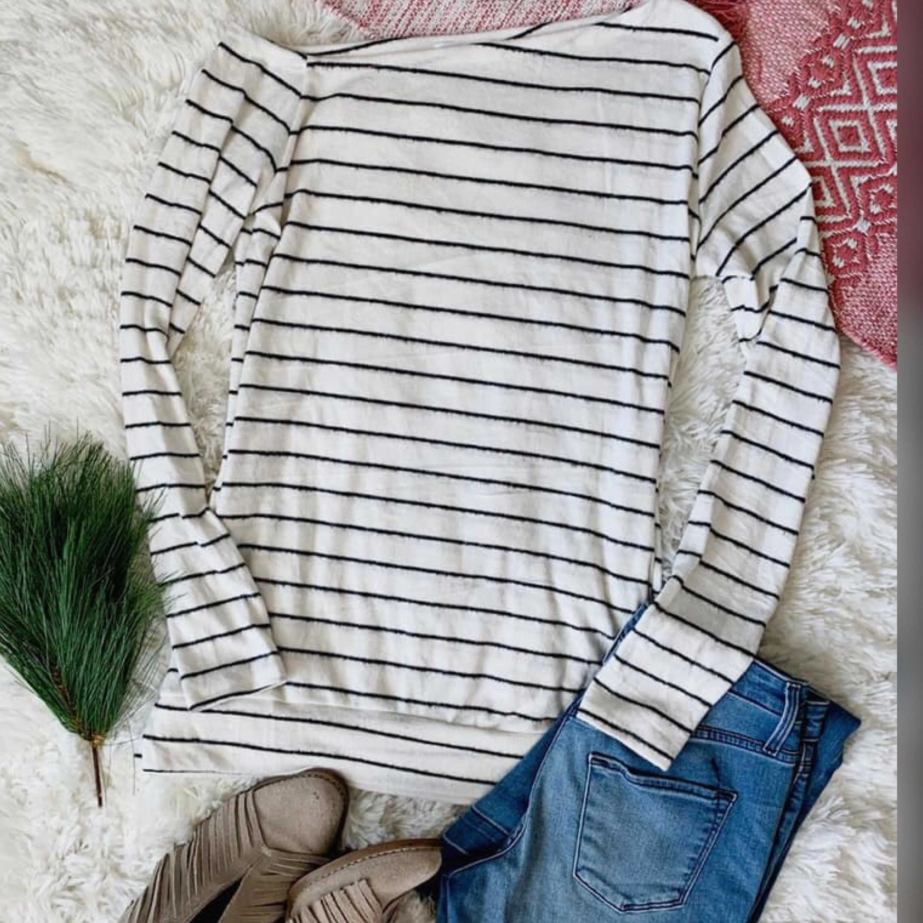 Stripe Ivory  Brushed Knit One Shoulder Sweater