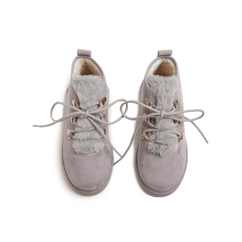 Suede Lace-Up Booties with Faux-Fur in Grey