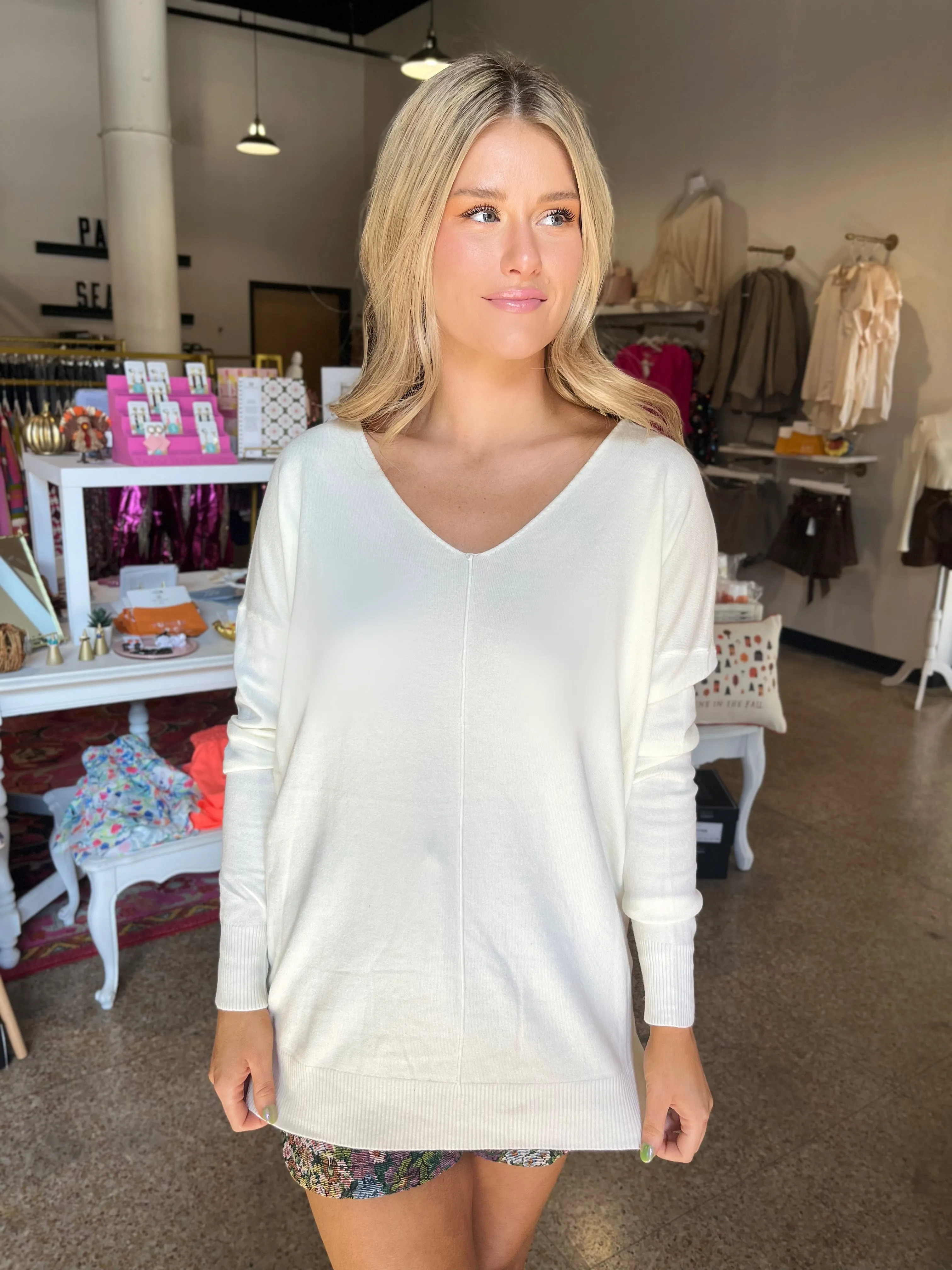 V Neckline Lightweight Sweater- Ivory