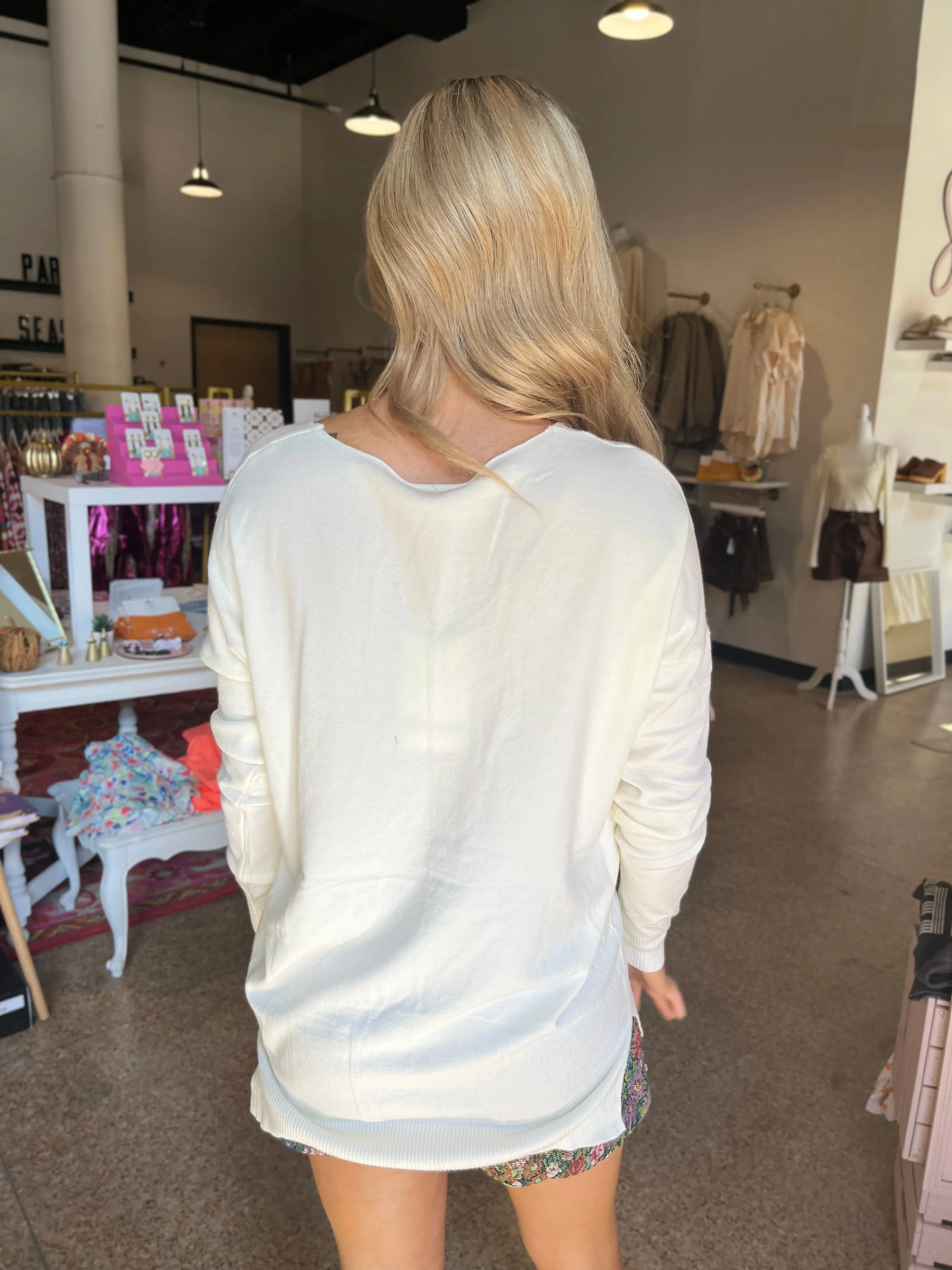 V Neckline Lightweight Sweater- Ivory