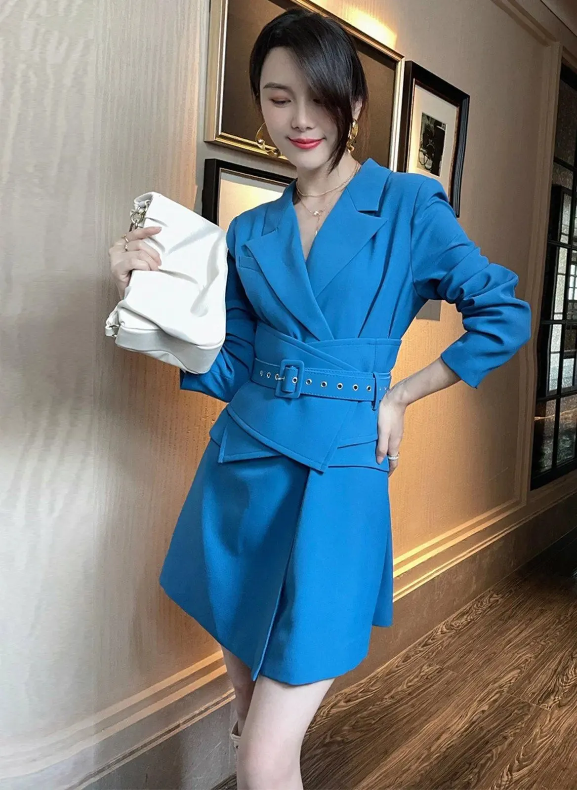 Women's Blue girdle Trench Coat,Blue Blazer Dress,Business Attire Sexy Office Wear,Trench dress,dress jacket,Fall trench coat,Vivian7 T107